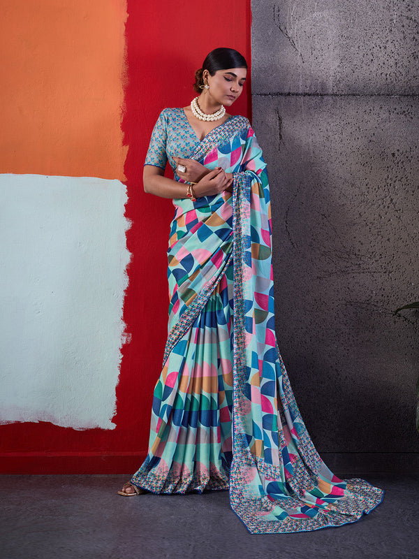 Blue Cotton Crepe Geometrical Printed Saree sedora couture
