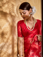 Red Geogette Floral Printed Saree