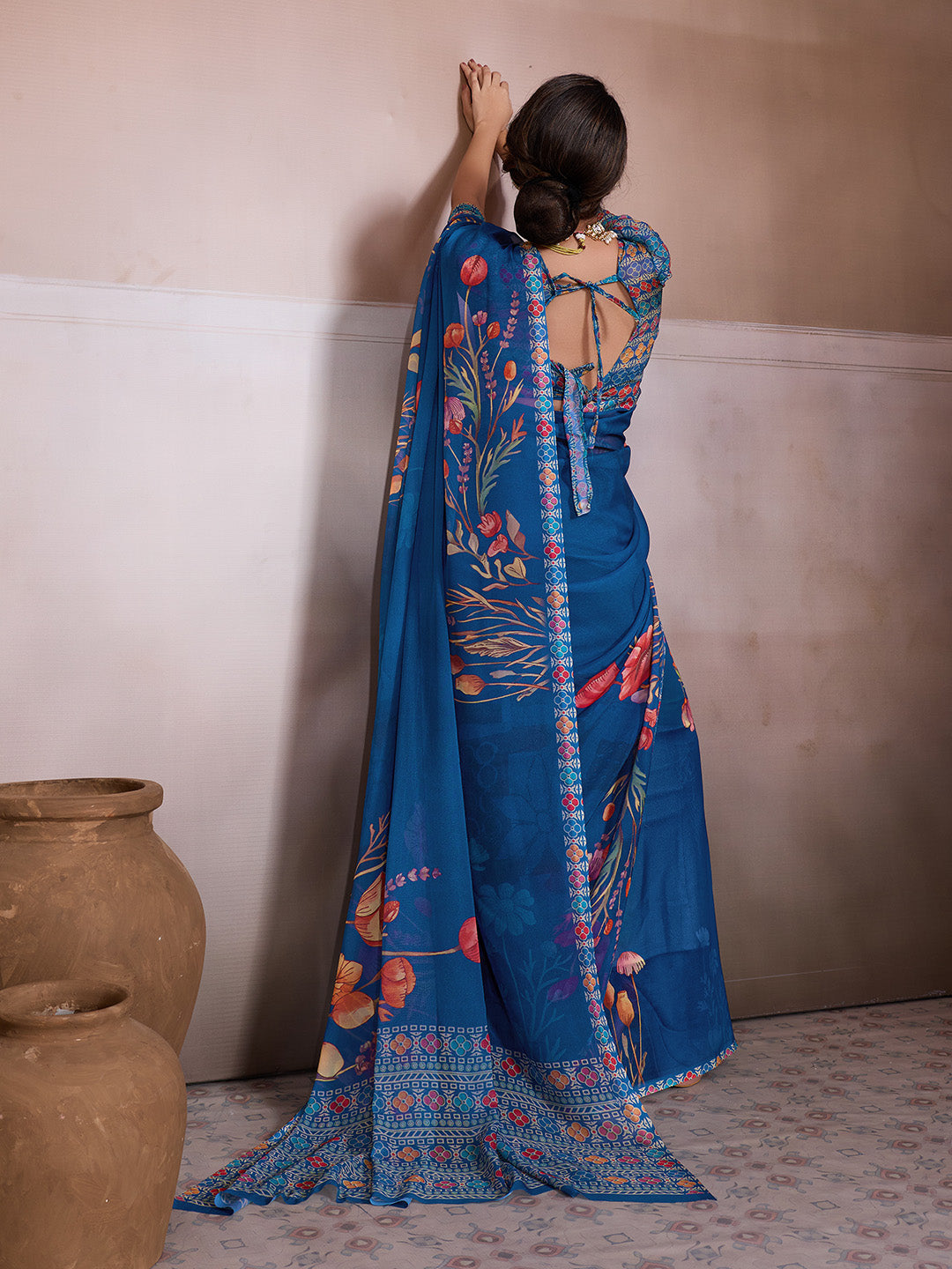 Blue Georgette Floral Printed Saree