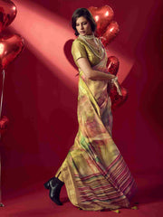 Yellow Jacquard Printed Saree with Unstitched Blouse