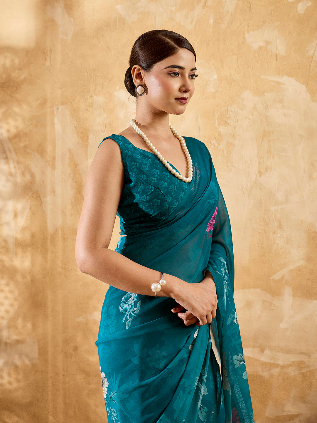 Green Geogette Floral Printed Saree