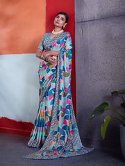Blue Cotton Crepe Geometrical Printed Saree