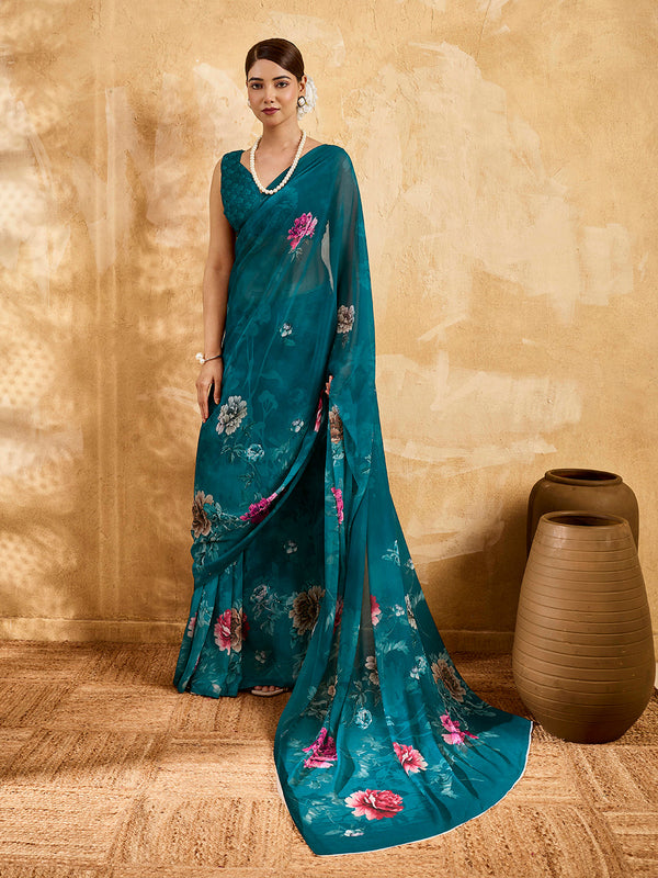 Green Geogette Floral Printed Saree sedora couture