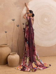 Wine Georgette Floral Printed Saree