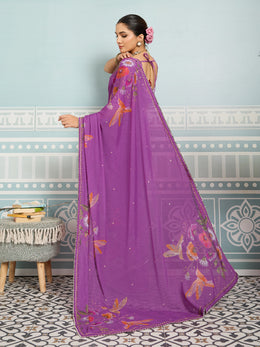 Magenta Sparkle Georgette Printed Saree with Beaded Border