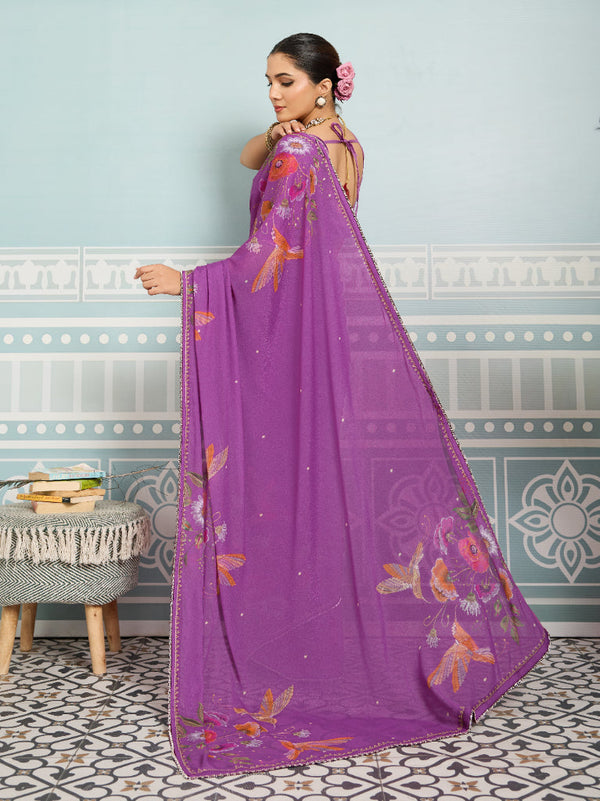 Magenta Sparkle Georgette Printed Saree with Beaded Border sedora couture