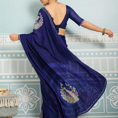 Navy Blue Sparkle Georgette Printed Saree with Beaded Border sedora couture