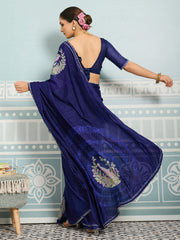 Navy Blue Sparkle Georgette Printed Saree with Beaded Border sedora couture