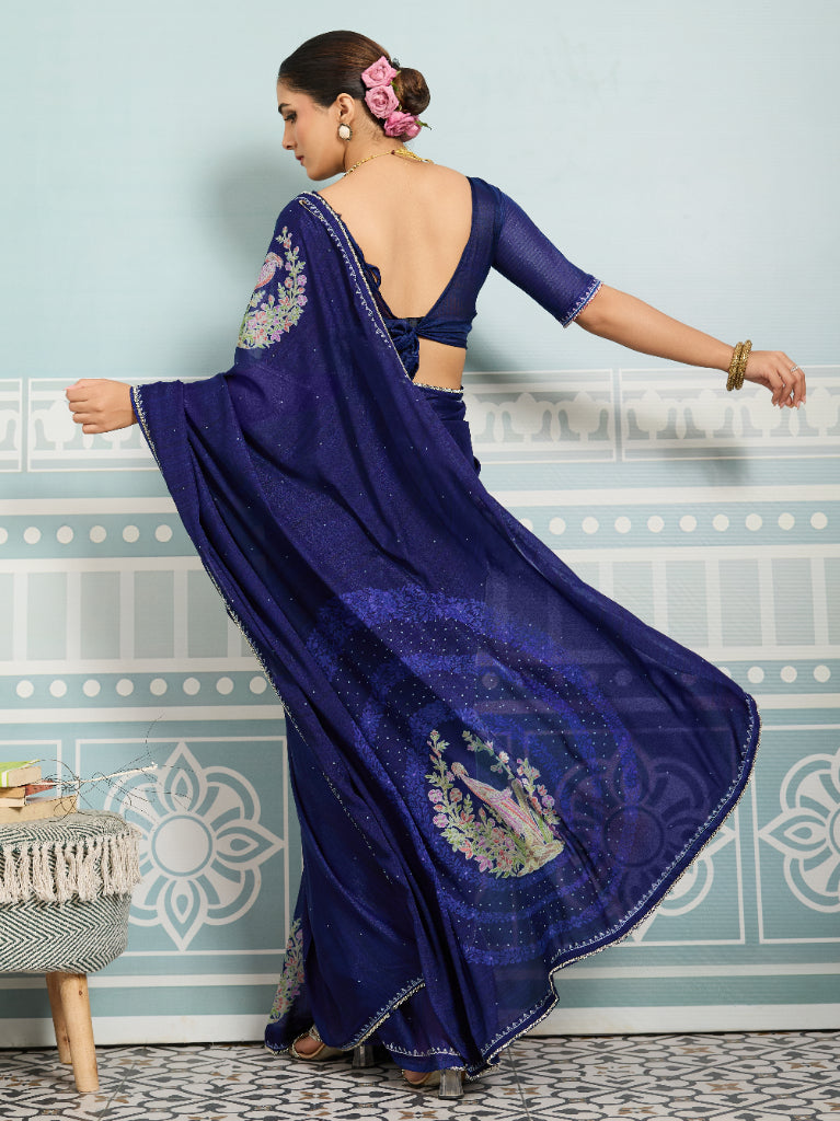 Navy Blue Sparkle Georgette Printed Saree with Beaded Border