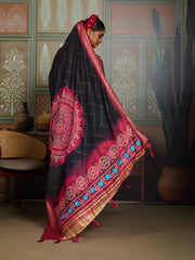 Black Bandhani Jacquard Saree with Magenta Motifs and Zari Border
