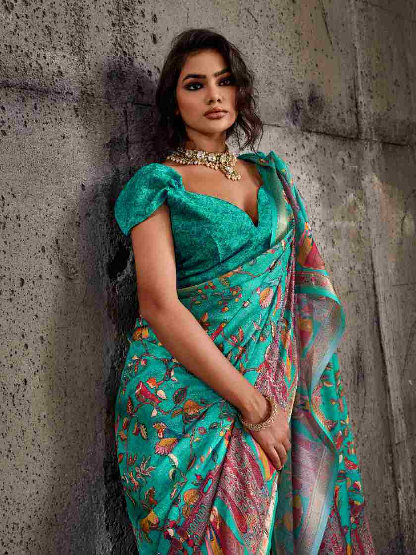 Blue Moss Figure Printed Saree