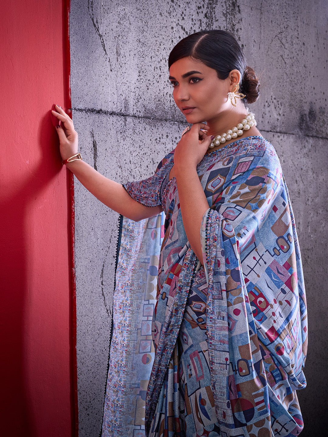 Blue Cotton Crepe Geometrical Printed Saree