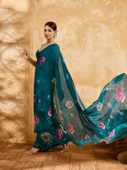 Green Geogette Floral Printed Saree