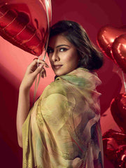 Yellow Jacquard Printed Saree with Unstitched Blouse