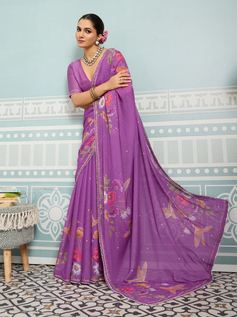 Magenta Sparkle Georgette Printed Saree with Beaded Border