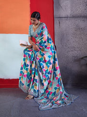 Blue Cotton Crepe Geometrical Printed Saree