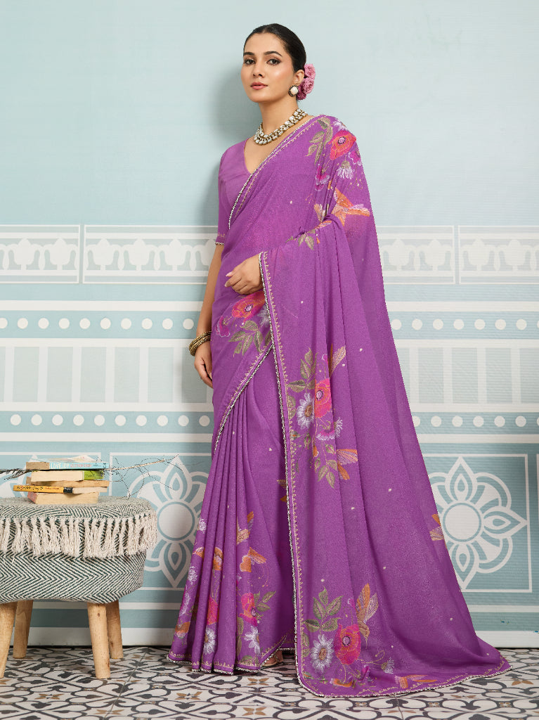 Magenta Sparkle Georgette Printed Saree with Beaded Border