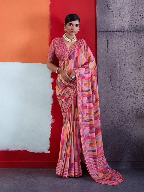 Pink Cotton Crepe Geometrical Printed Saree sedora couture