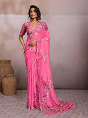 Pink Georgette Floral Printed Saree