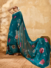 Green Geogette Floral Printed Saree
