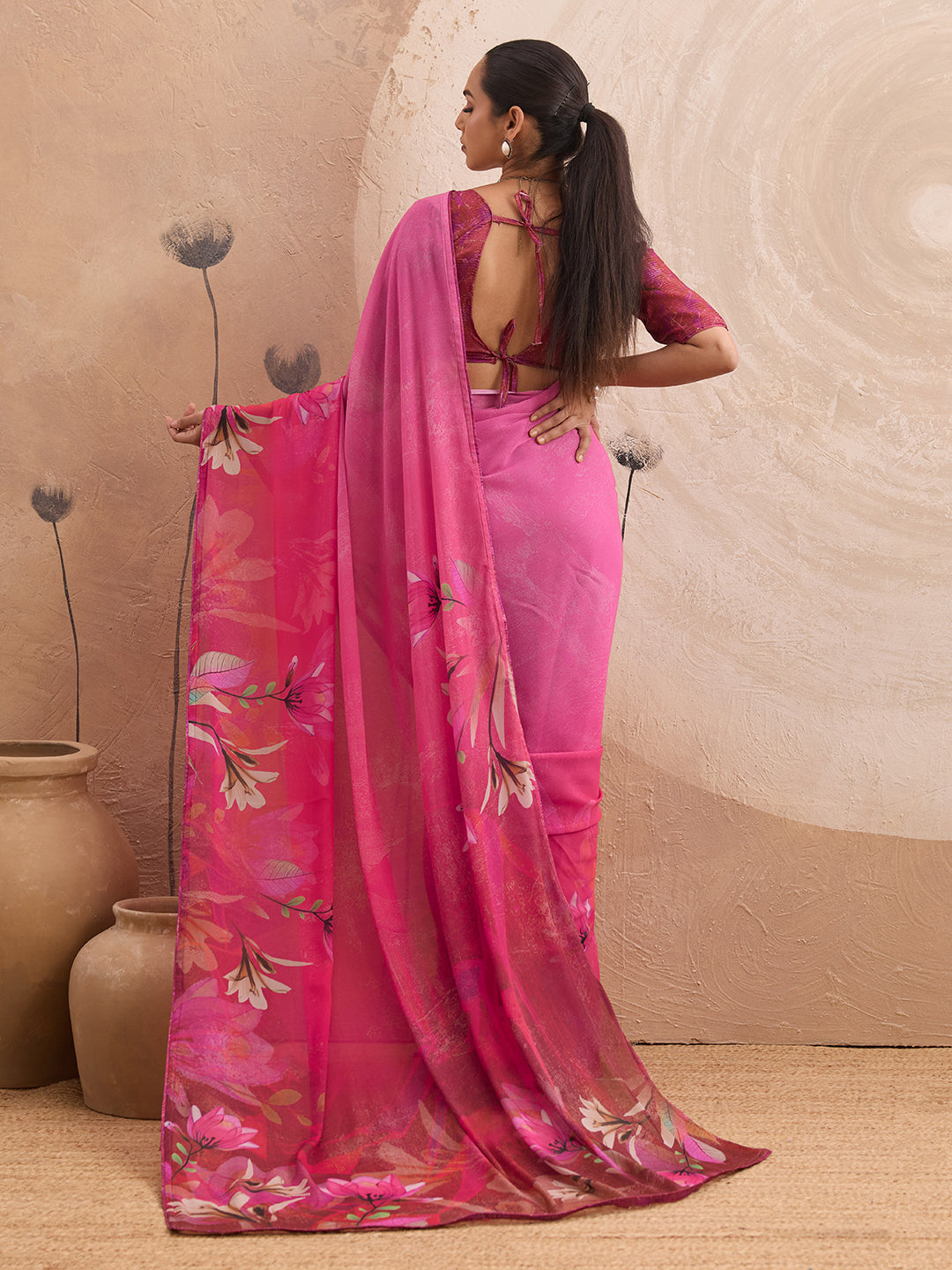 Pink Georgette Floral Printed Saree