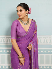 Magenta Sparkle Georgette Printed Saree with Beaded Border