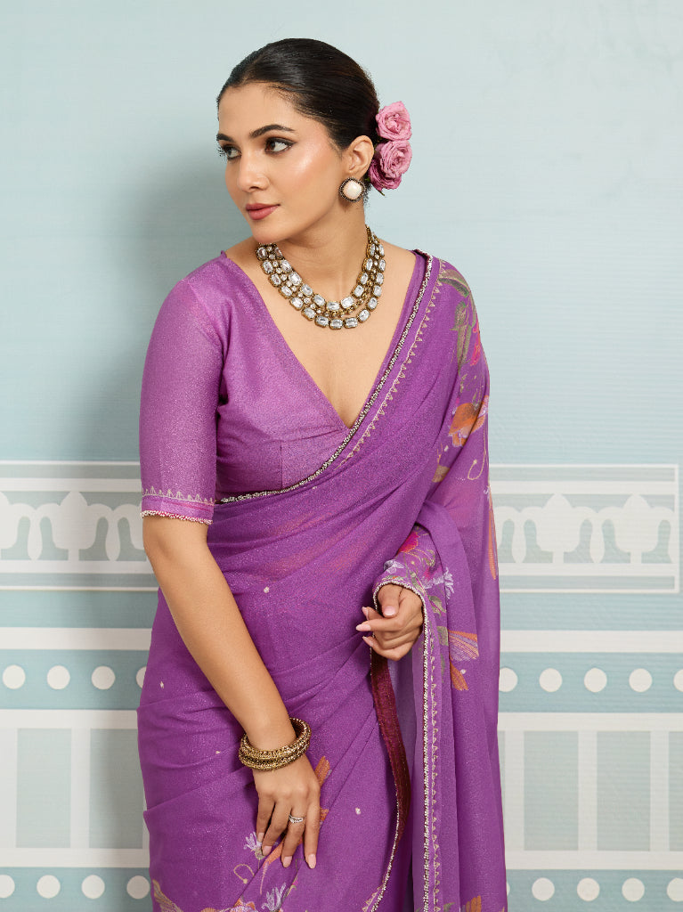 Magenta Sparkle Georgette Printed Saree with Beaded Border