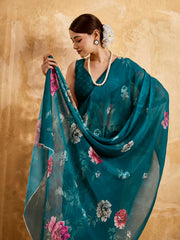 Green Geogette Floral Printed Saree