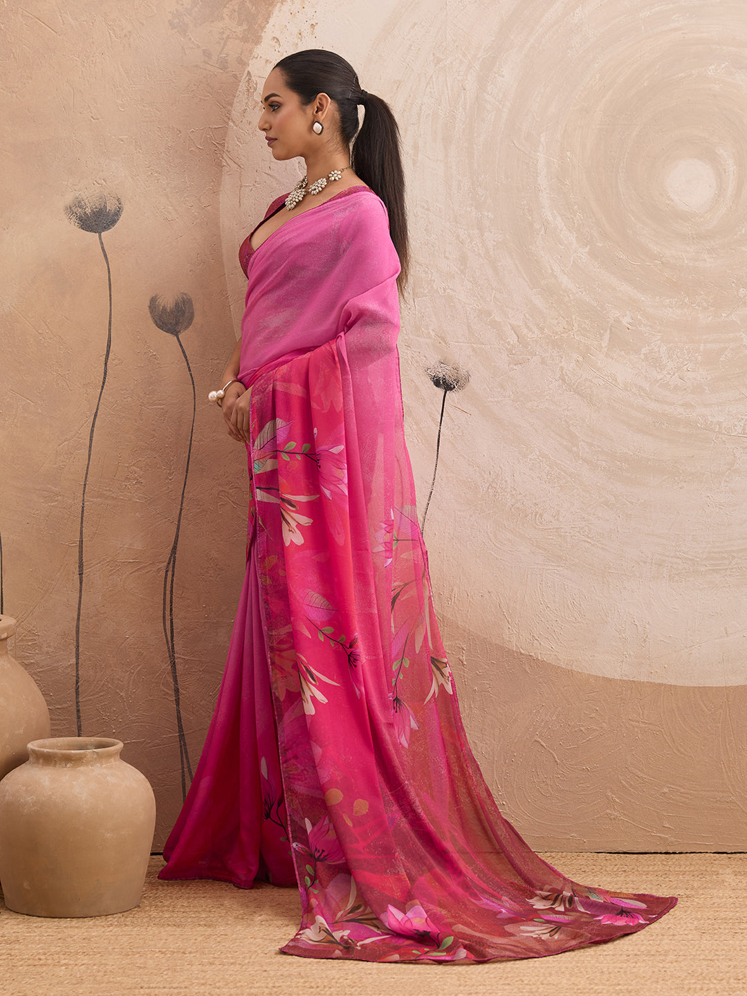 Pink Georgette Floral Printed Saree