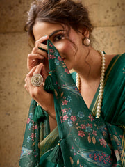 Bottel Green Georgette Floral Printed Saree