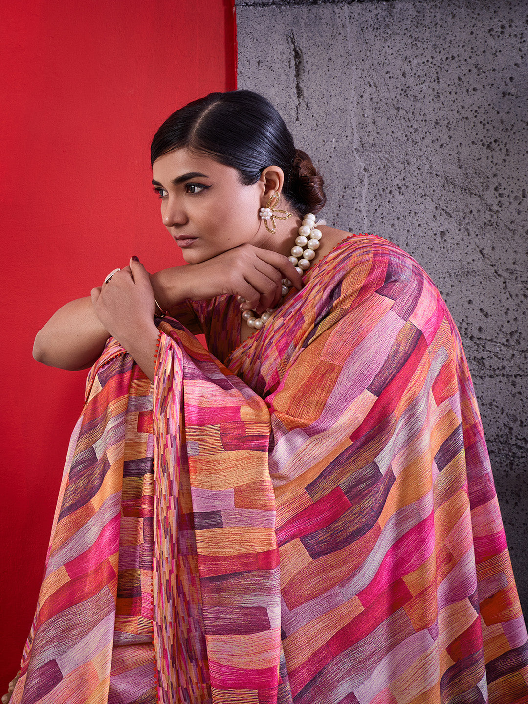 Pink Cotton Crepe Geometrical Printed Saree