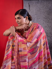 Pink Cotton Crepe Geometrical Printed Saree