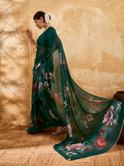 Bottel Green Geogette Floral Printed Saree