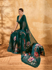 Bottel Green Geogette Floral Printed Saree