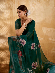 Bottel Green Geogette Floral Printed Saree