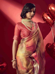 Yellow Jacquard Printed Saree with Unstitched Blouse