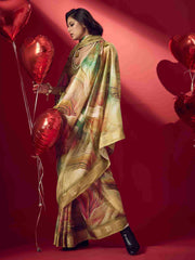 Green Jacquard Printed Saree with Unstitched Blouse