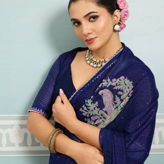 Navy Blue Sparkle Georgette Printed Saree with Beaded Border sedora couture