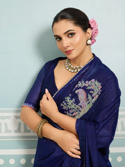 Navy Blue Sparkle Georgette Printed Saree with Beaded Border sedora couture