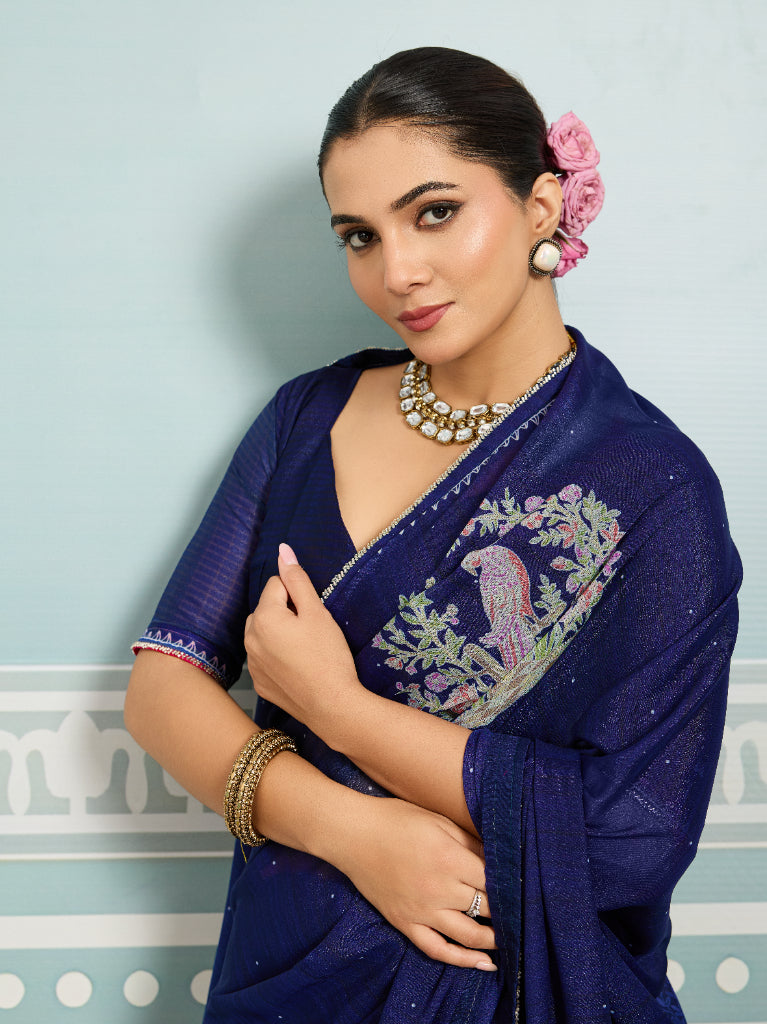Navy Blue Sparkle Georgette Printed Saree with Beaded Border