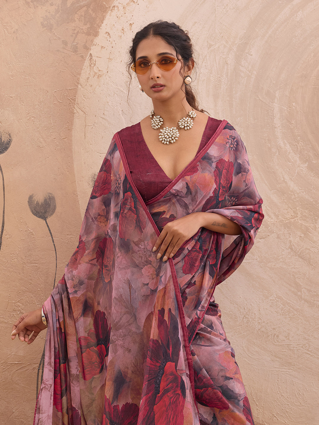 Pink Georgette Floral Printed Saree