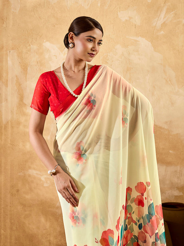 Beige Geogette Floral Printed Saree sedora couture