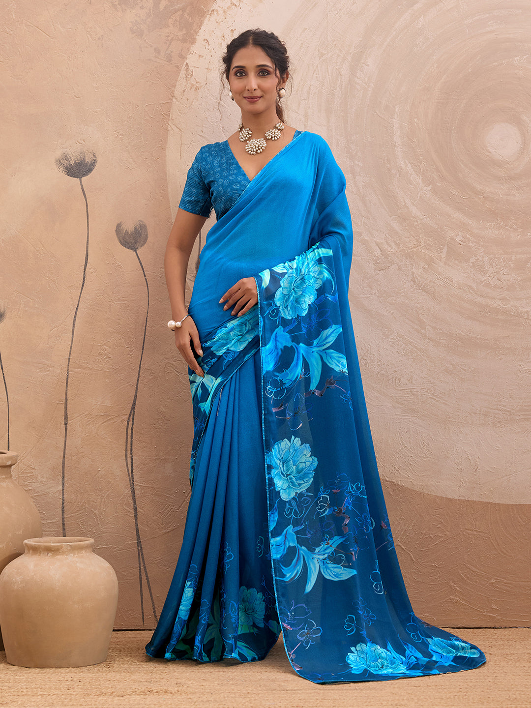 Blue Georgette Floral Printed Saree