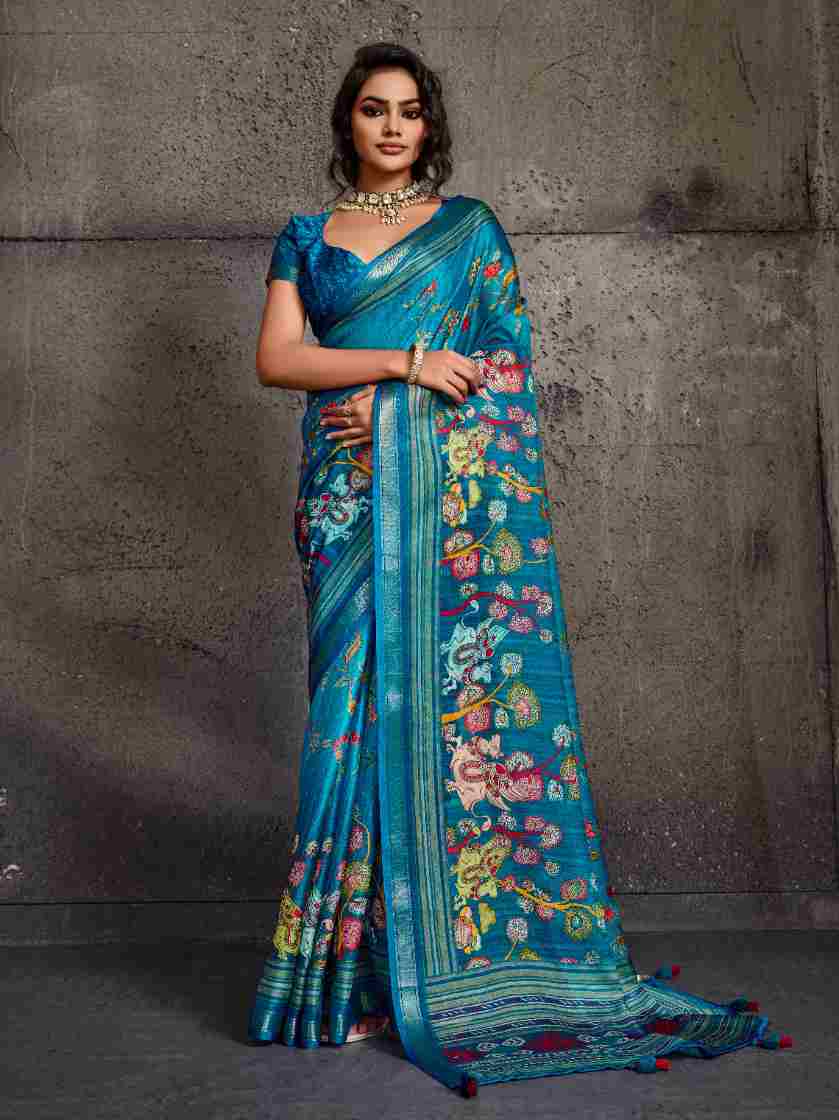 Blue Moss Figure Printed Saree