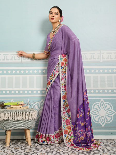 Purple Sparkle Georgette Printed Saree with Beaded Border sedora couture