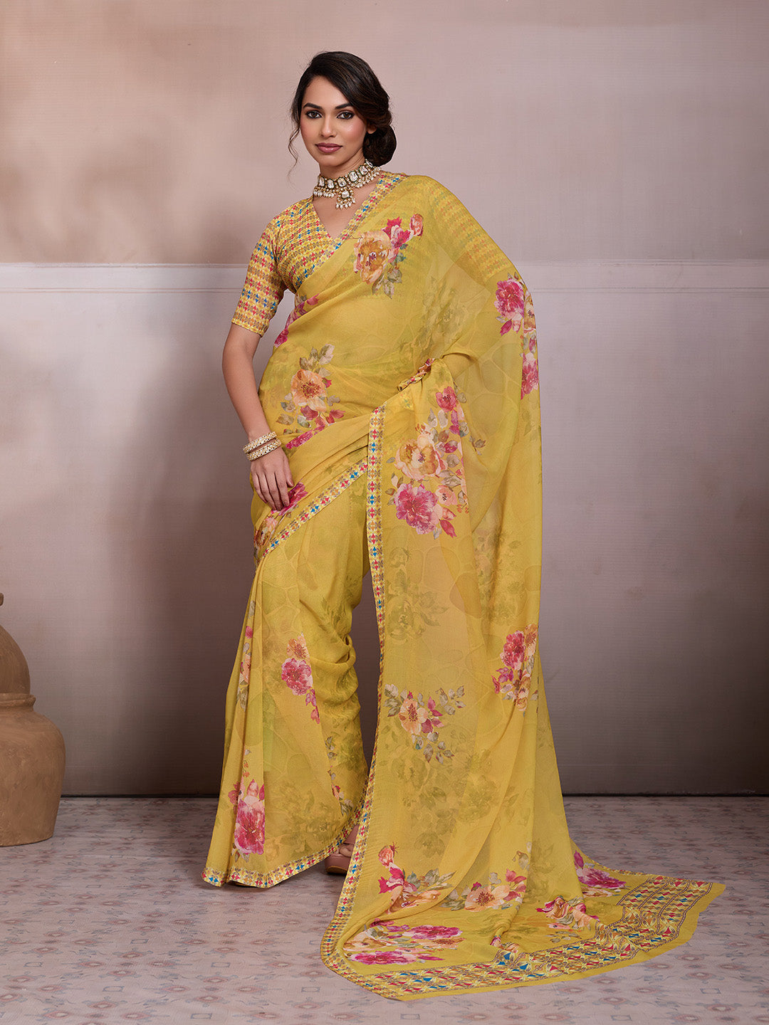 Yellow Georgette Floral Printed Saree