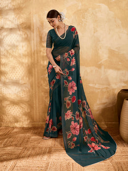 Dark Green Geogette Floral Printed Saree sedora couture