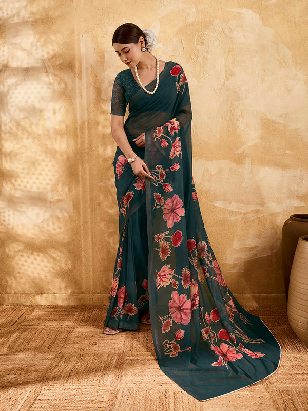 Dark Green Geogette Floral Printed Saree sedora couture