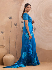 Blue Georgette Floral Printed Saree