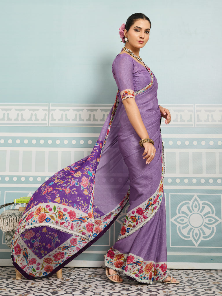 Purple Sparkle Georgette Printed Saree with Beaded Border